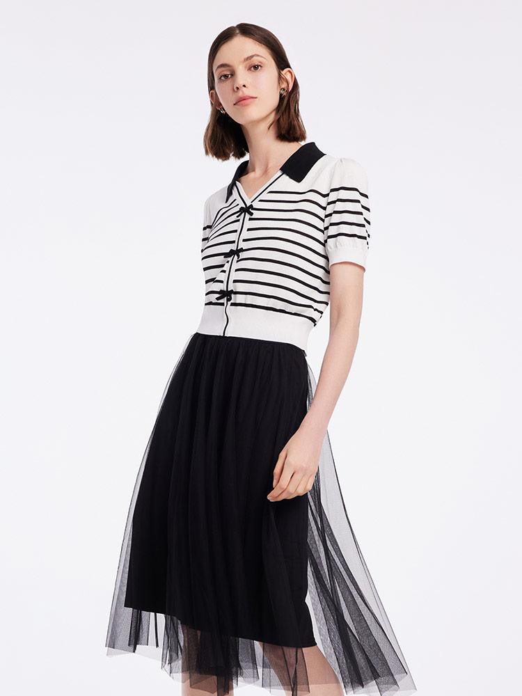 Black And White Striped Top And Mesh Half Women Skirt Two-piece Set GOELIA