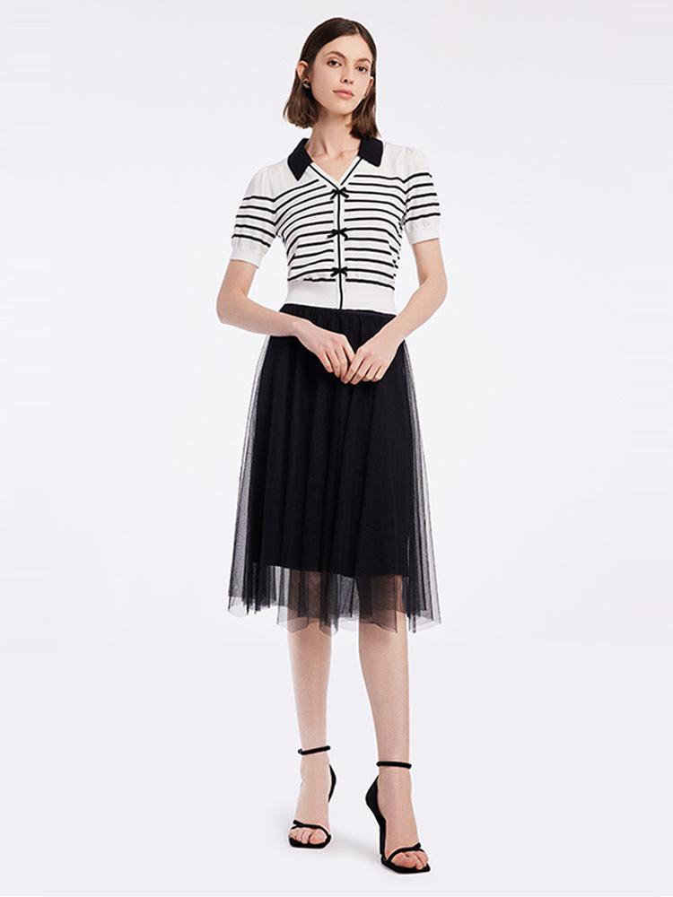 Black And White Striped Top And Mesh Half Women Skirt Two-piece Set GOELIA