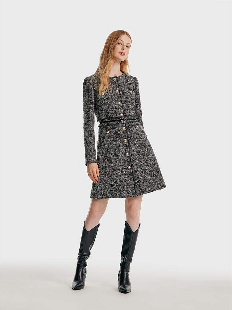 Round Neck Tweed Dress With Belt GOELIA