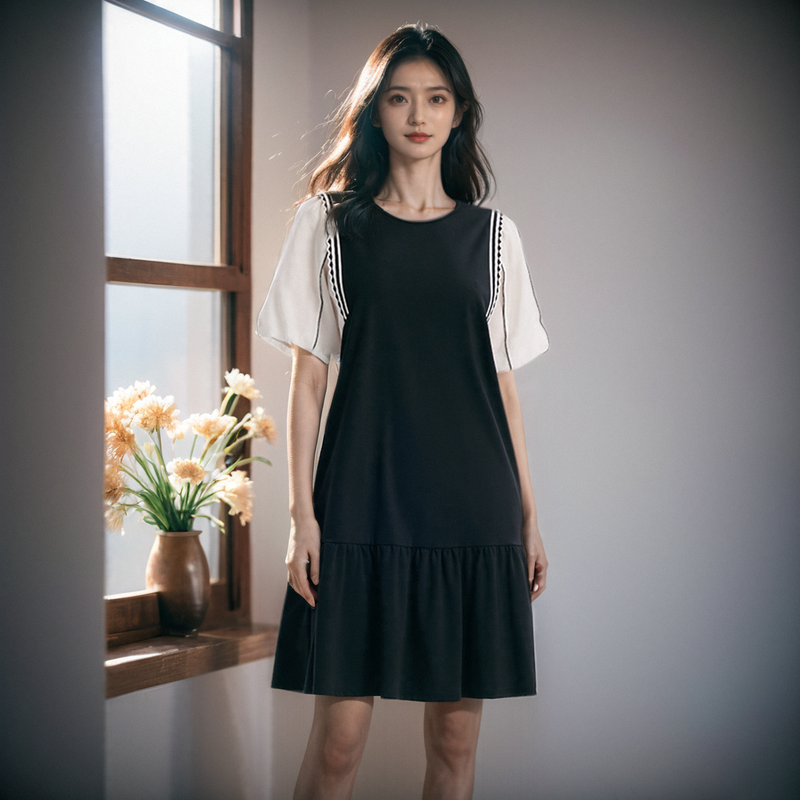 A-Shape Patchwork Puff Sleeve Dresses GOELIA