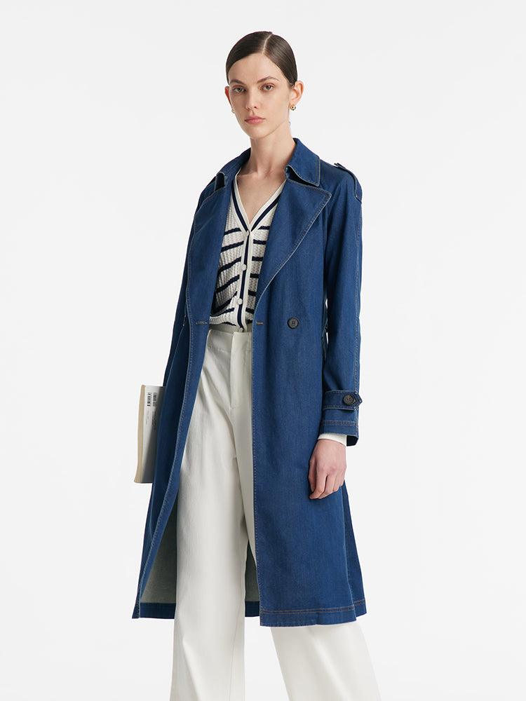 Denim Lapel Women Trench Coat With Belt GOELIA