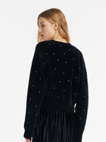 Black V-Neck Rhinestone Knitted Women Cardigan GOELIA