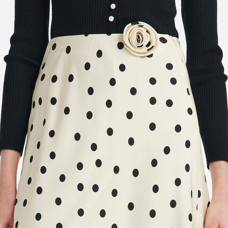 22 Momme Silk Polka Dots Printed Women Half Skirt With 3D Rose Clip And Knotted Headband And GOELIA