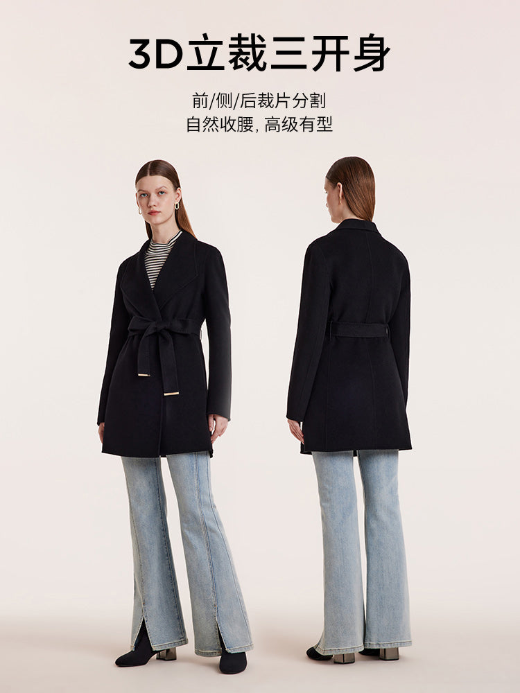 Tencel Wool Notched Lapel Mid-Length Coat With Belt GOELIA