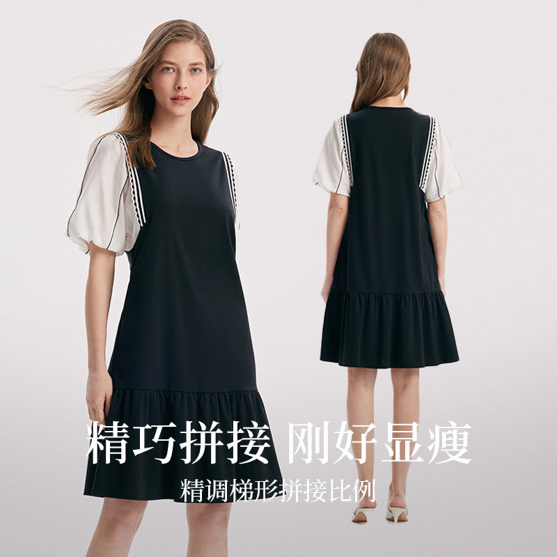 A-Shape Patchwork Puff Sleeve Dresses GOELIA