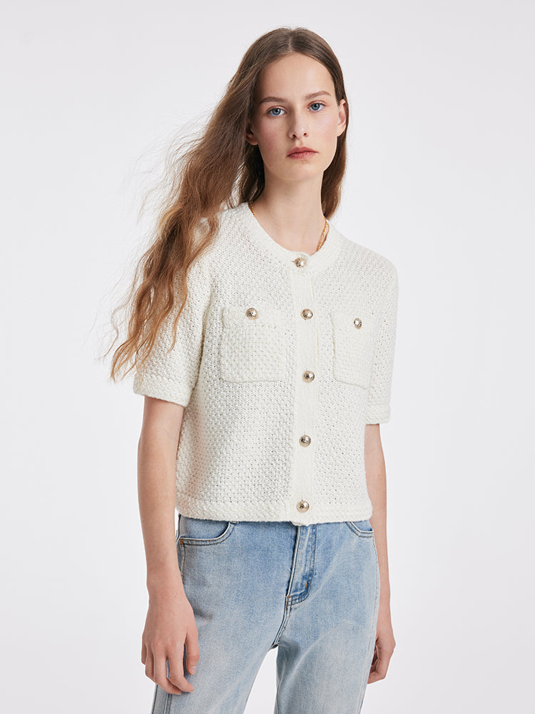 Pure Cotton Openwork Round Neck Knitted Women Cardigan GOELIA