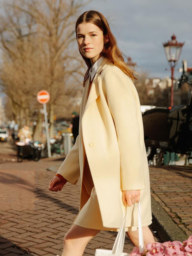 One-Button Cream Yellow Woolen Coat GOELIA