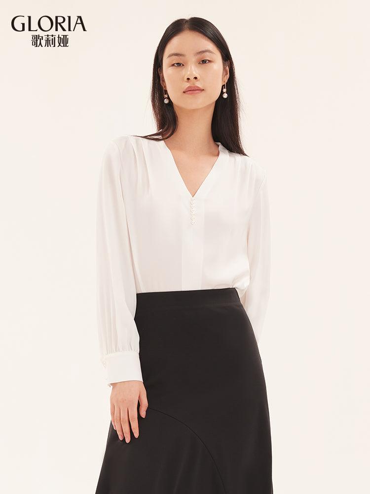 White Acetate V-Neck Women Blouse GOELIA