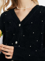 Black V-Neck Rhinestone Knitted Women Cardigan GOELIA