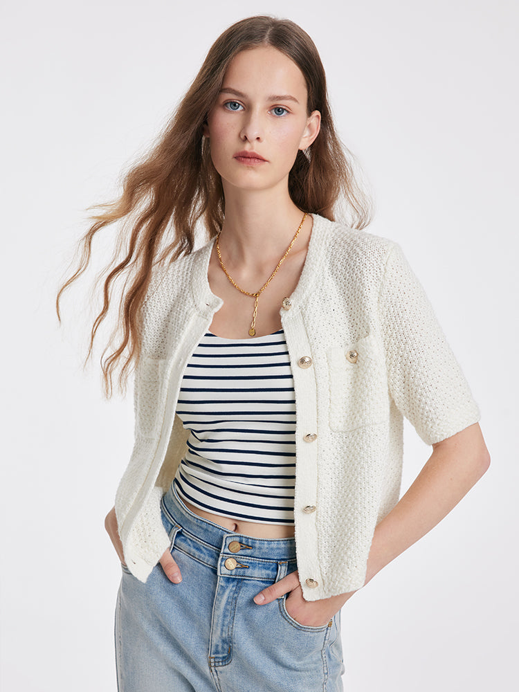 Pure Cotton Openwork Round Neck Knitted Women Cardigan GOELIA