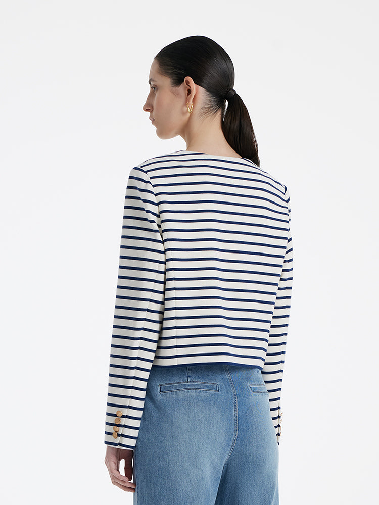 Cotton Striped Single-Breasted Women Crop Jacket GOELIA