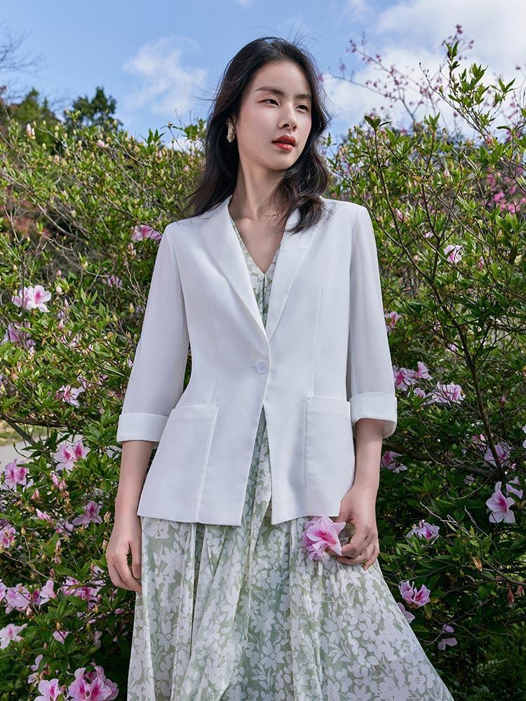 White Triacetate 3/4 Sleeve Slim Blazer GOELIA