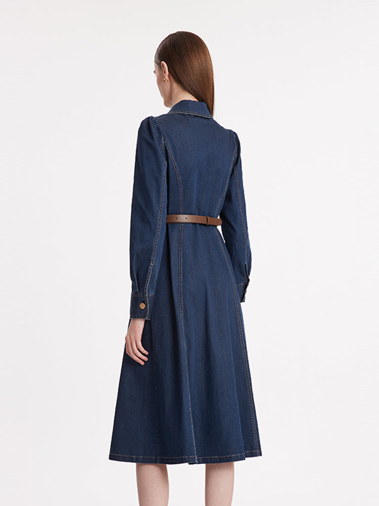 Single-Breasted Lapel Women Midi Denim Dress With Belt GOELIA