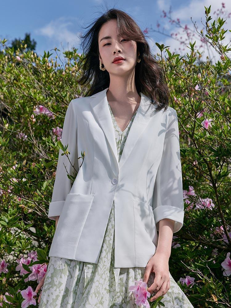 White Triacetate 3/4 Sleeve Slim Blazer GOELIA