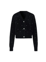 Black V-Neck Rhinestone Knitted Women Cardigan GOELIA