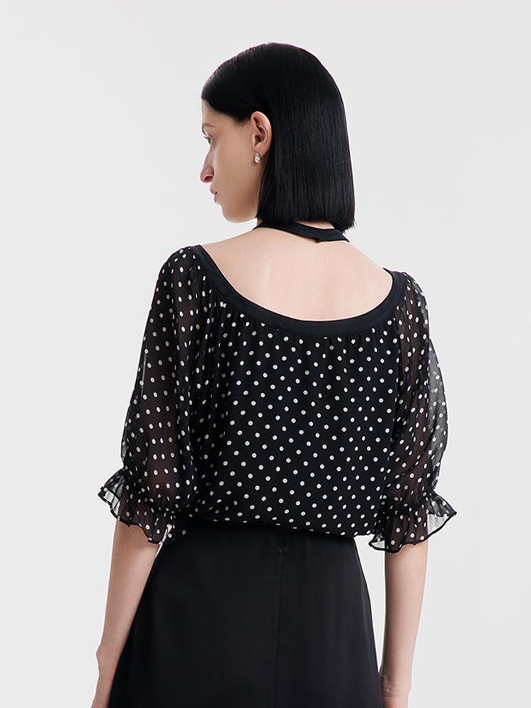 10 Momme Polka Dot Silk Neckline Top GOELIA