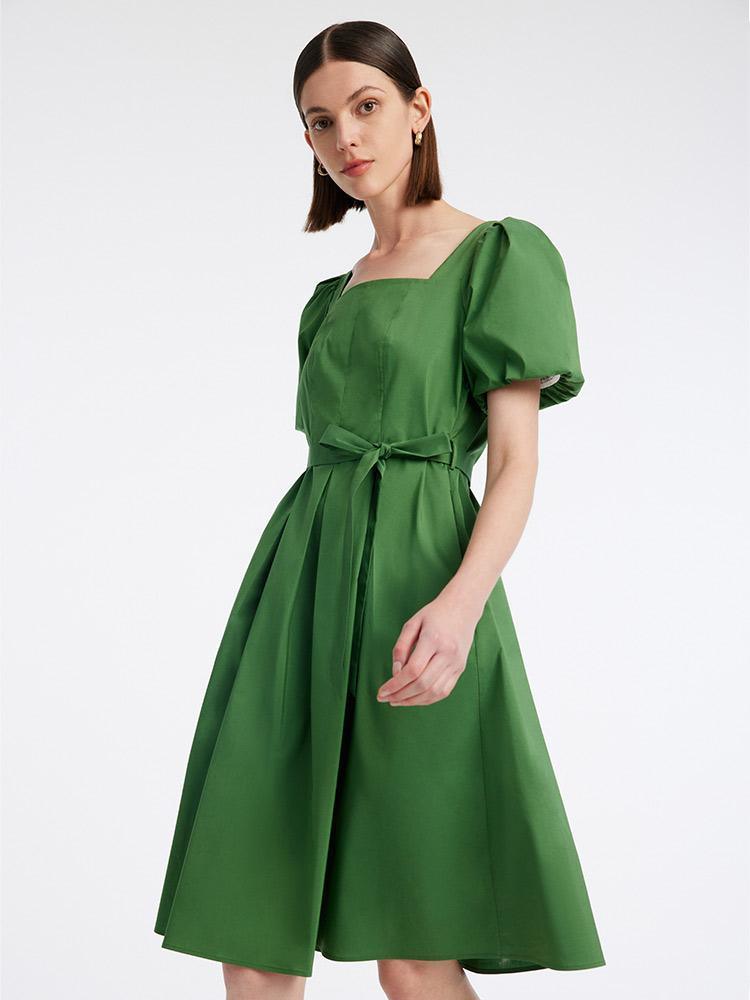 Square Neck Waist Pleated Green Cotton Dress GOELIA