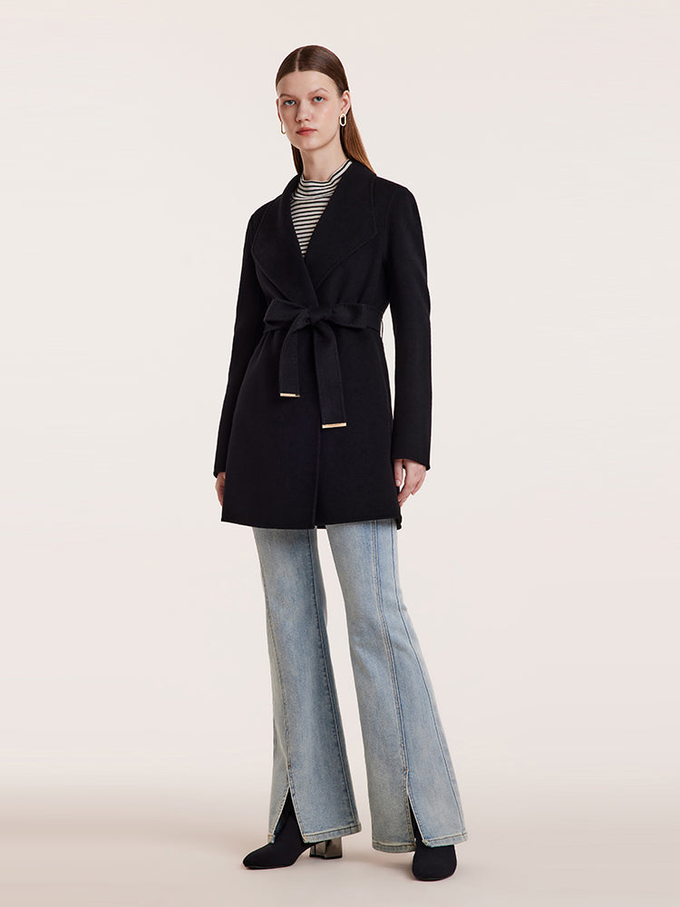 Tencel Wool Notched Lapel Mid-Length Coat With Belt GOELIA