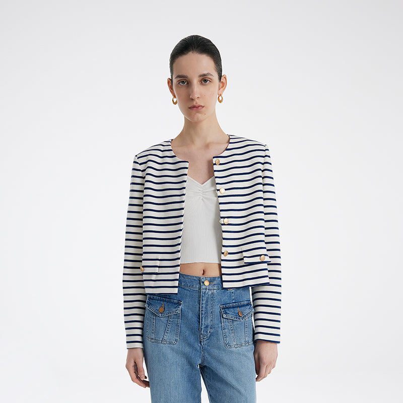 Cotton Striped Single-Breasted Women Crop Jacket GOELIA