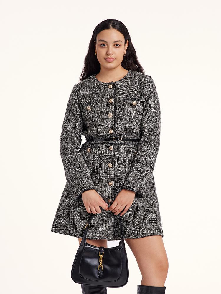 Round Neck Tweed Dress With Belt GOELIA