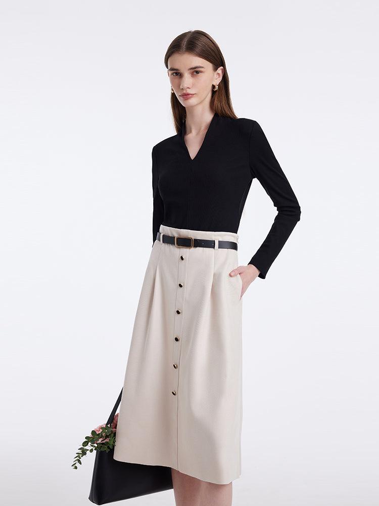 V-Neck Slim Knit Top And Half Skirt Vintage Two-Piece Set With Leather Belt GOELIA