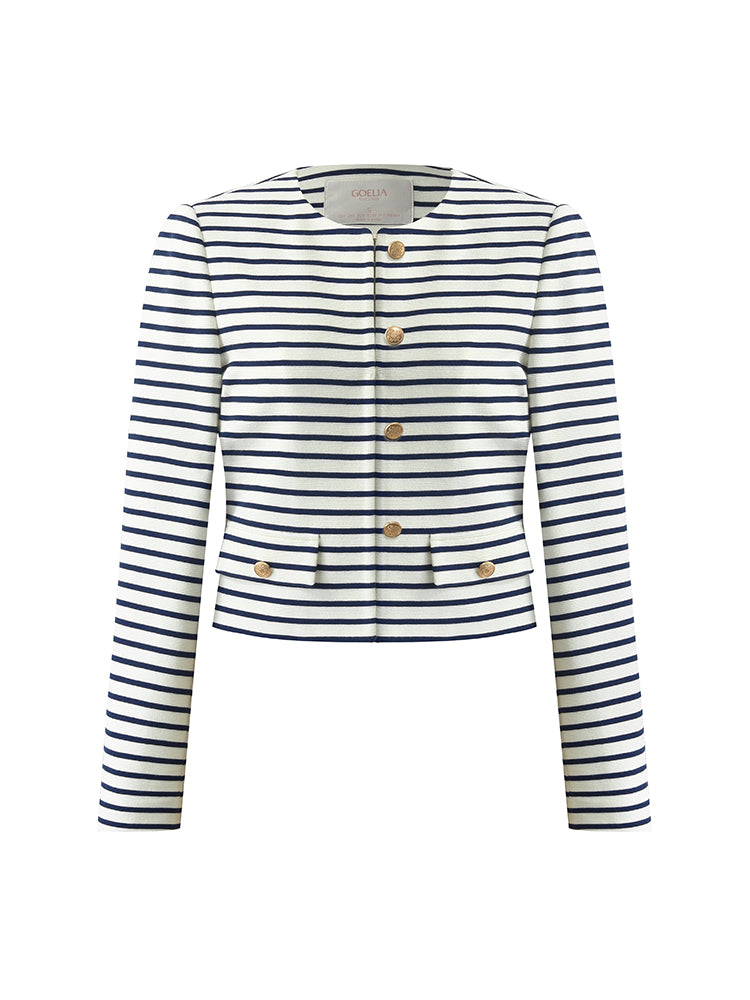 Cotton Striped Single-Breasted Women Crop Jacket GOELIA