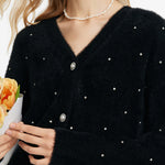 Black V-Neck Rhinestone Knitted Women Cardigan GOELIA