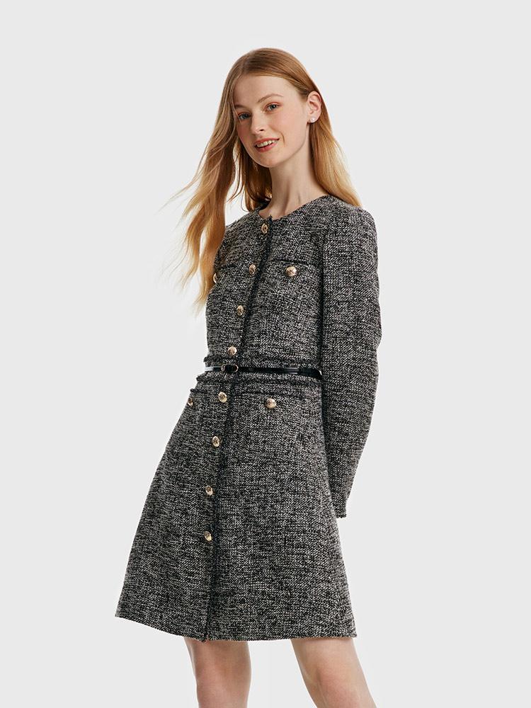 Round Neck Tweed Dress With Belt GOELIA