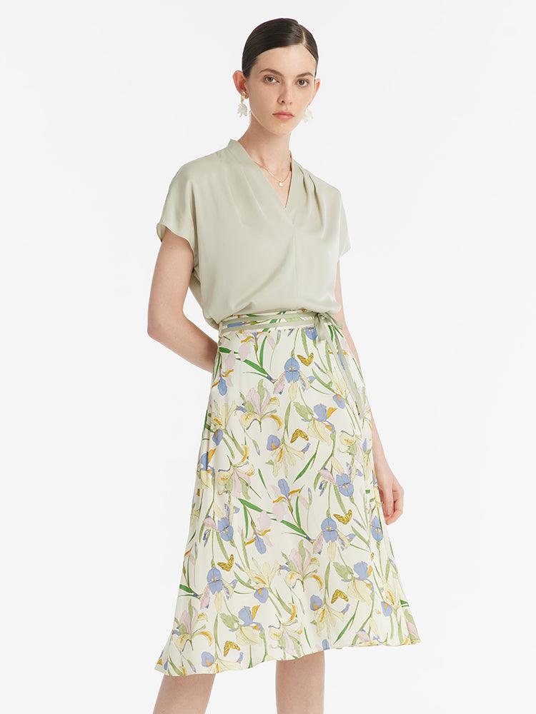 19 Momme Mulberry Silk Iris Printed Women Half Skirt GOELIA