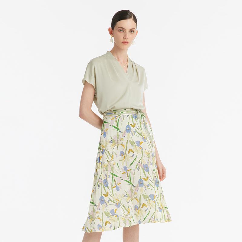 19 Momme Mulberry Silk Iris Printed Women Half Skirt GOELIA