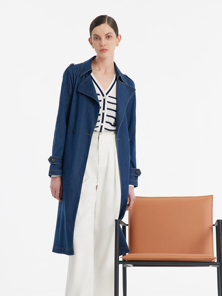 Denim Lapel Women Trench Coat With Belt GOELIA