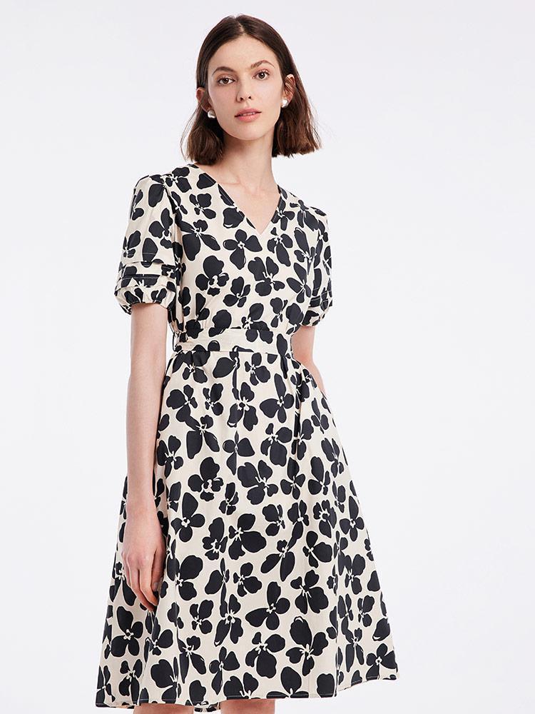 Black Floral V-Neck Dress GOELIA