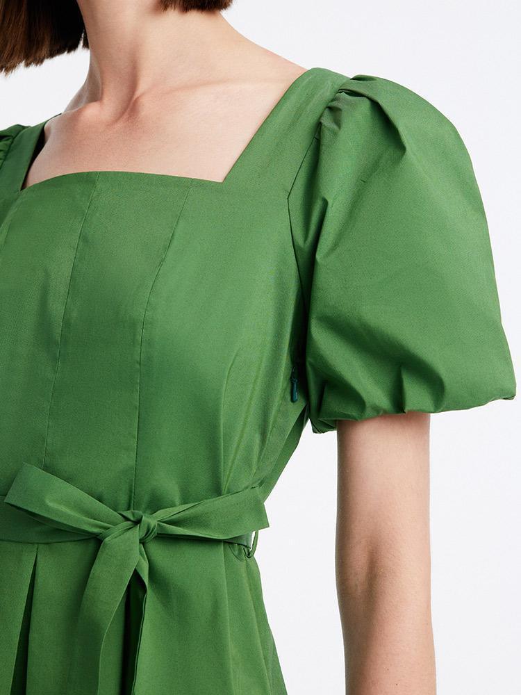 Square Neck Waist Pleated Green Cotton Dress GOELIA