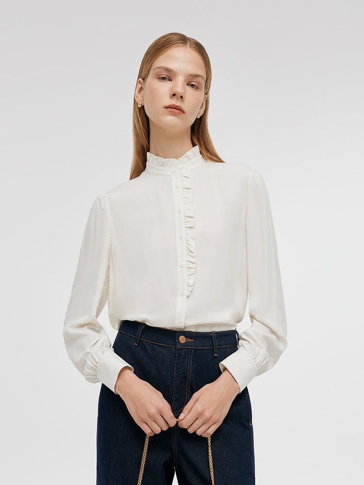 Ruffle Stand Collared Women Shirt GOELIA