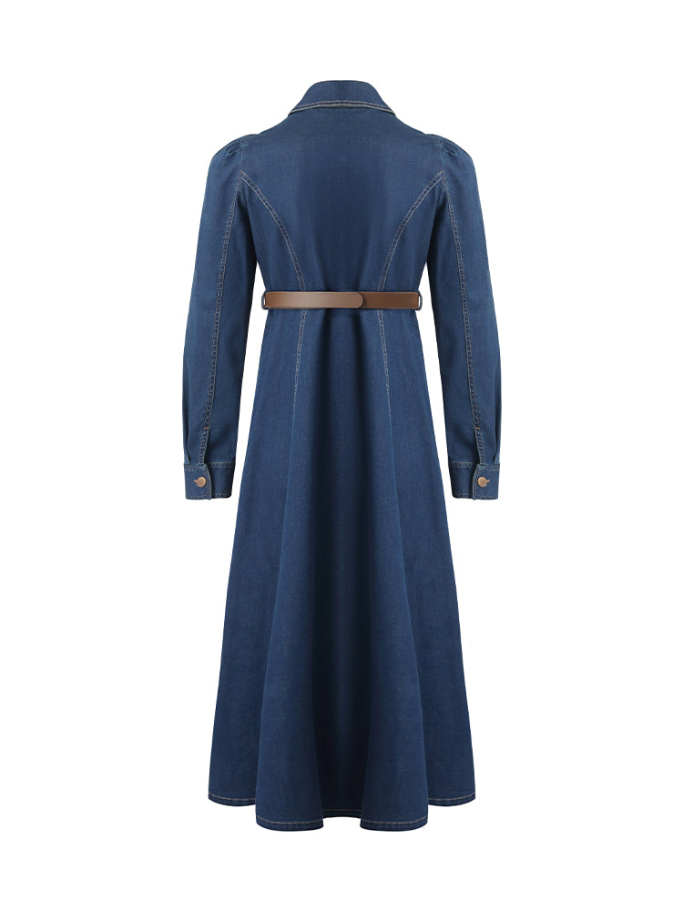 Single-Breasted Lapel Women Midi Denim Dress With Belt GOELIA