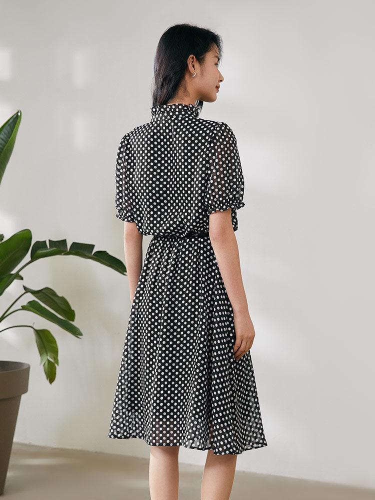 Golden Stripe Chiffon Polka Dots Dress GOELIA