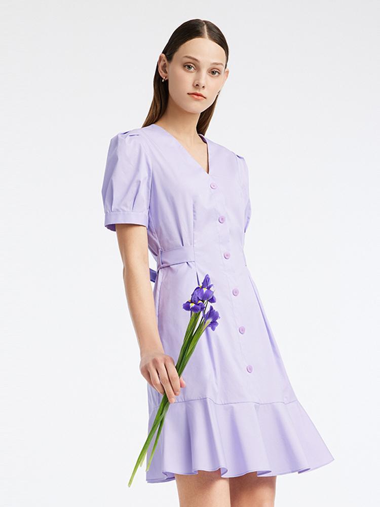 Purple Puff Sleeve Waist-Skimming Dress GOELIA