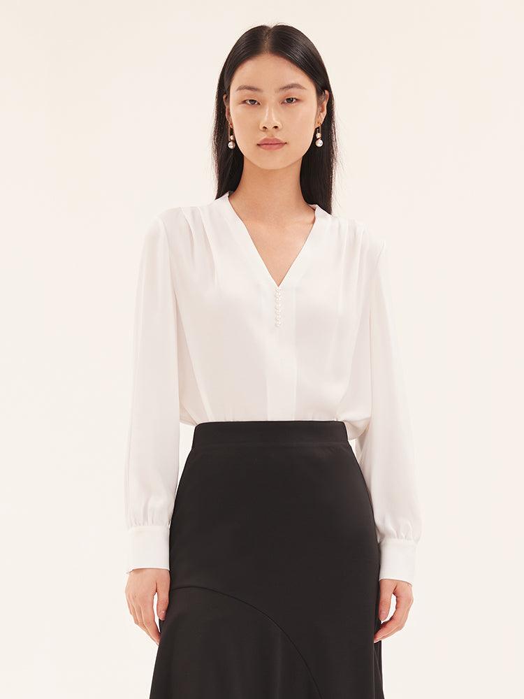 White Acetate V-Neck Women Blouse GOELIA