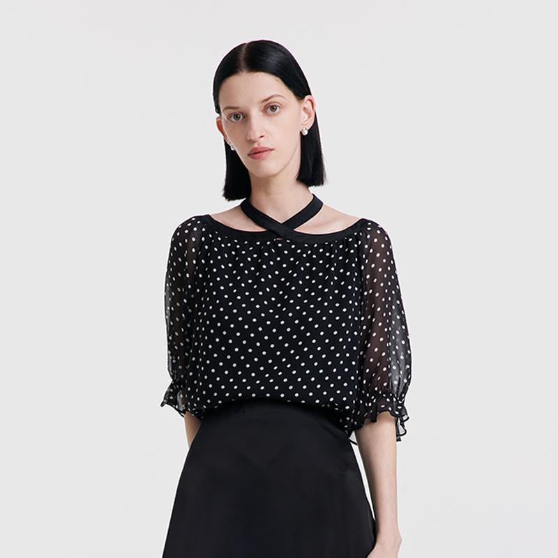 10 Momme Polka Dot Silk Neckline Top GOELIA