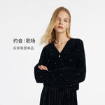 Black V-Neck Rhinestone Knitted Women Cardigan GOELIA