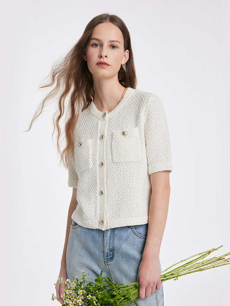 Pure Cotton Openwork Round Neck Knitted Women Cardigan GOELIA