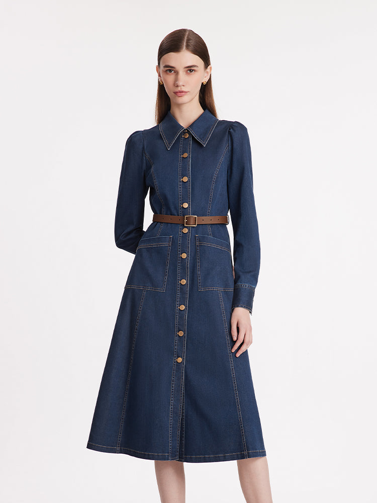 Single-Breasted Lapel Women Midi Denim Dress With Belt GOELIA