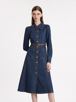Single-Breasted Lapel Women Midi Denim Dress With Belt GOELIA