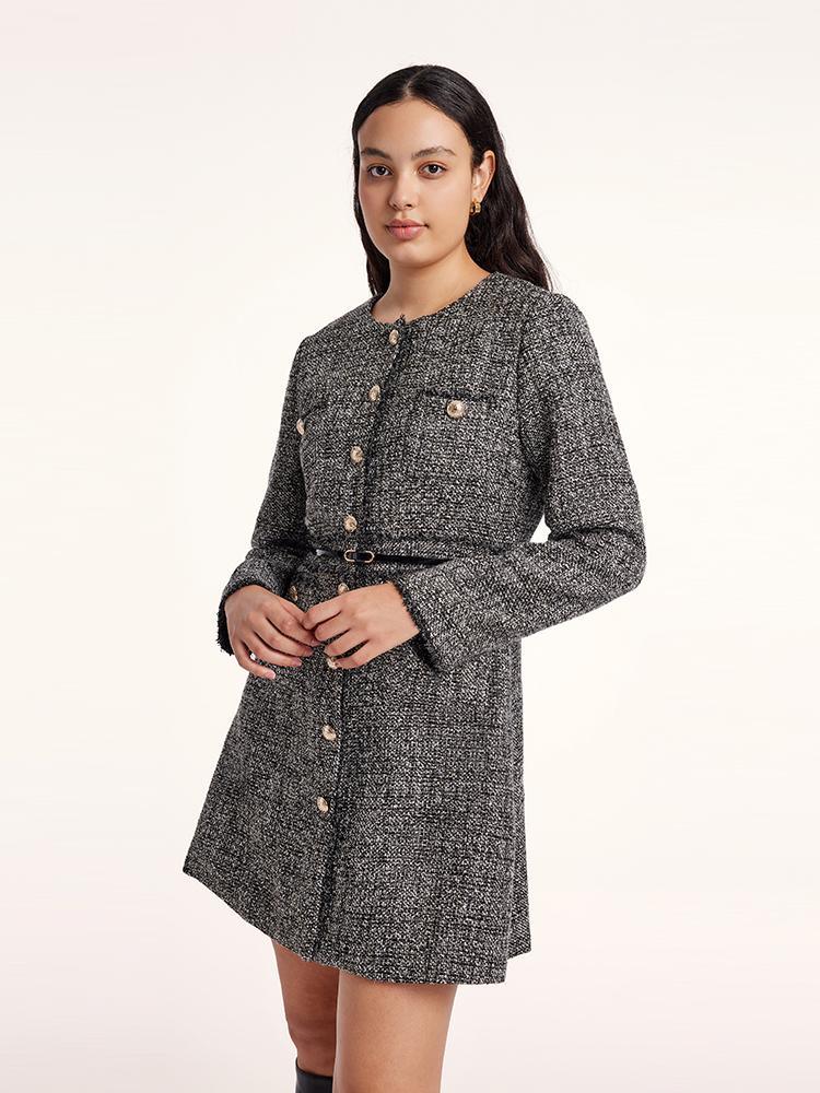 Round Neck Tweed Dress With Belt GOELIA