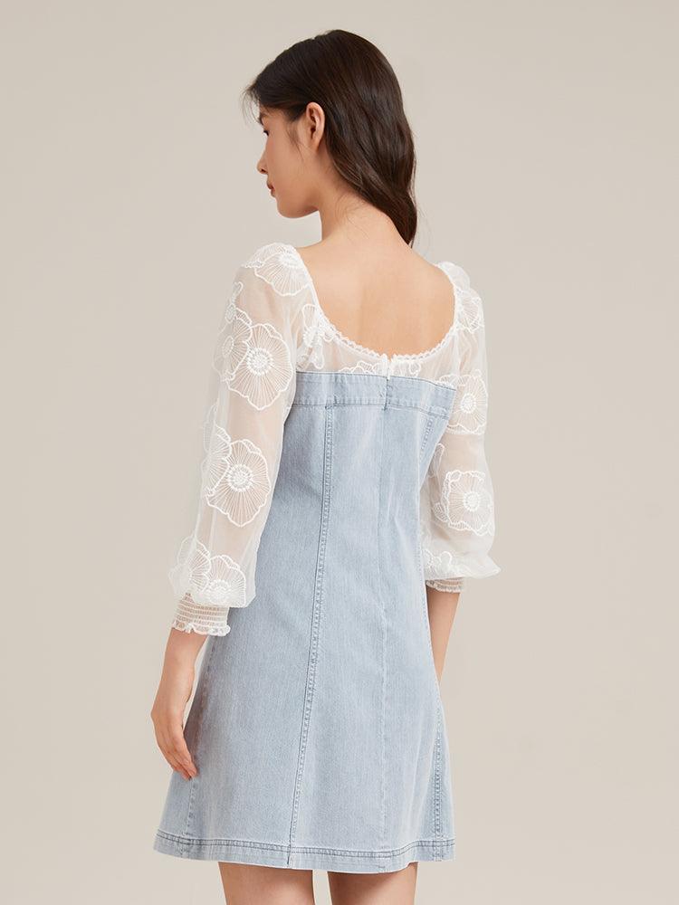 Square Neck Puff Sleeve Denim Patchwork Dress GOELIA