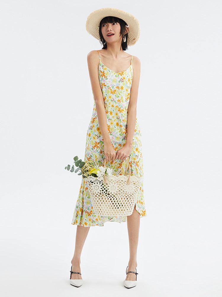 Lovely Printed Shirring Slip Dress GOELIA