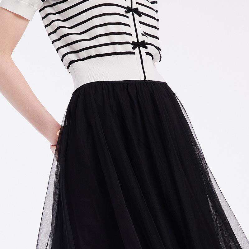 Black And White Striped Top And Mesh Half Women Skirt Two-piece Set GOELIA