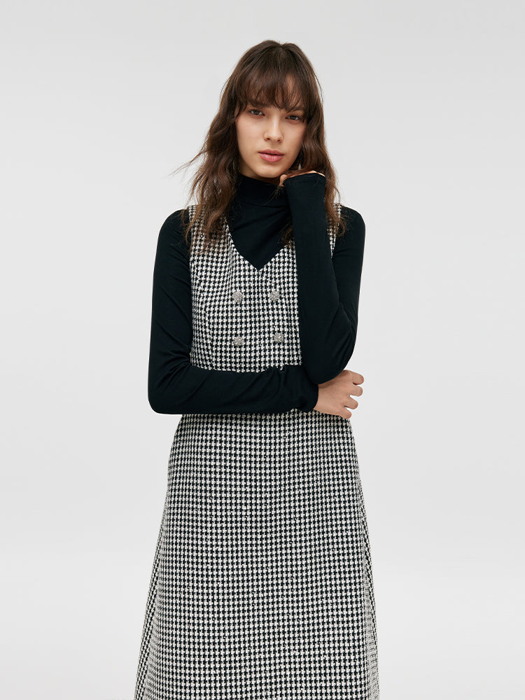 Black And White Houndstooth Vest Dress And Mock Neck Sweater Two-Piece Suit GOELIA