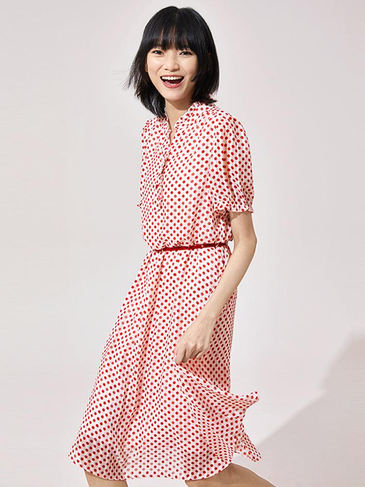 Golden Stripe Chiffon Polka Dots Dress GOELIA