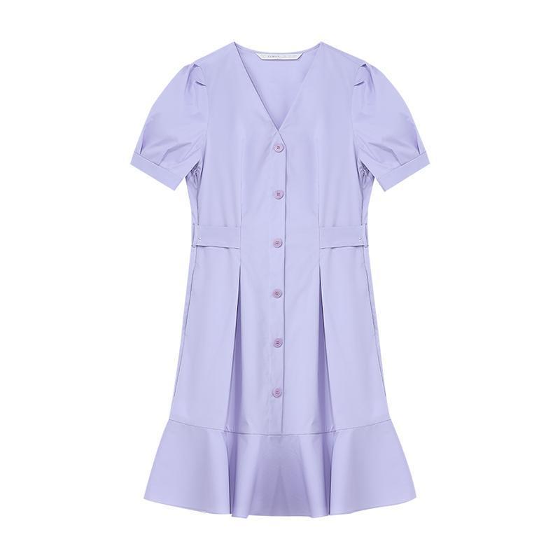 Purple Puff Sleeve Waist-Skimming Dress GOELIA